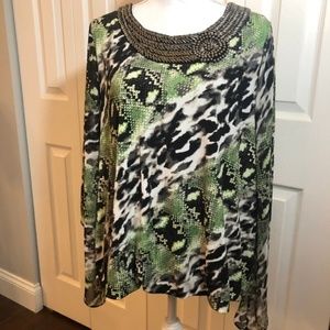 ALFANI Beaded Embellished Animal Print Flutter Top